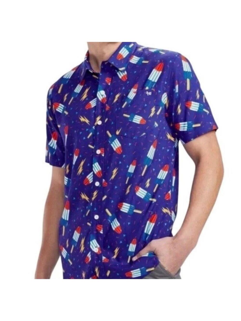 Tipsy Elves Men's XL Button Down Short Sleeve Shirt Blue Bomb Pop Summer July
